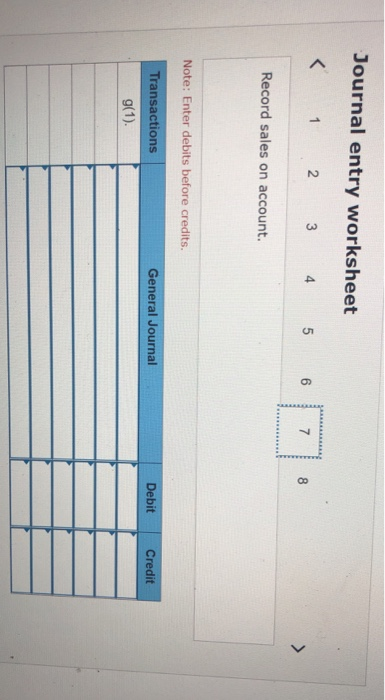 Journal entry worksheet < 1 2 3 4 5 6 7 8 > Record sales on account. Note: Enter debits before credits General Journal Debit