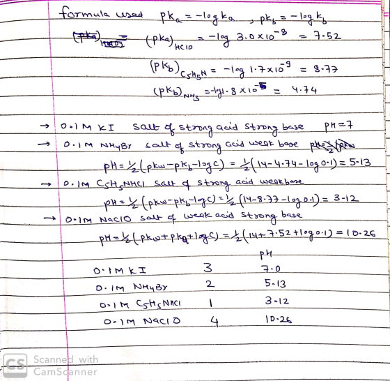formula used pka = -logkapky - logo t o (pka) s-log 3.0x10 = 7.52 HCIO - - - - b) CSHSN = -log 1-7x169 = 8.77 (pkb Ne s-logi-