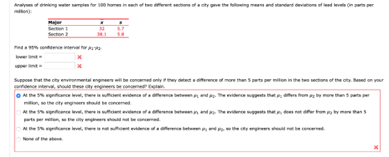 Analyses of drinking water samples for 100 homes in each of two different sections of a city gave the following means and sta