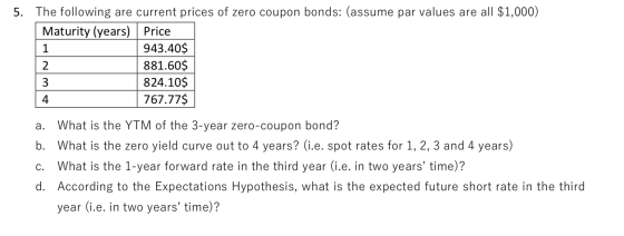 5. The following are current prices of zero coupon bonds: (assume par values are all $1,000) Maturity (years) | Price 943.40$