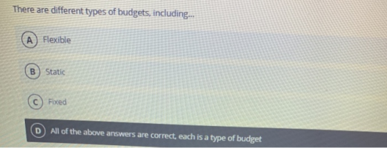 There are different types of budgets, including... A Flexible B) Static Fixed D All of the above answers are correct, each is
