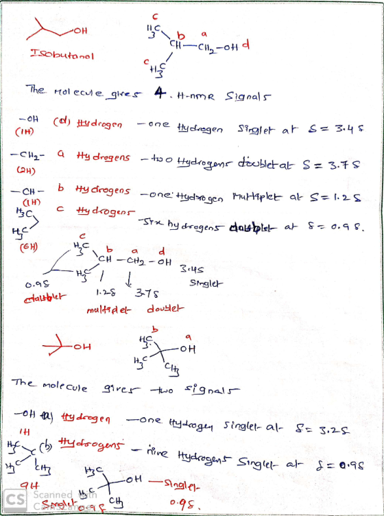 OH NOH Isobutanol b a CH-CH-OHd The Molecule gives 4. H-NMR signals -OH (1H) (d) Hydrogen -one Hydrogen Singler at s= 3.45 -C