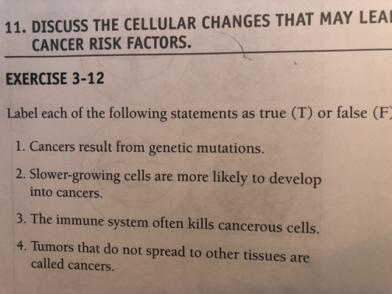 11. DISCUSS THE CELLULAR CHANGES THAT MAY LEA CANCER RISK FACTORS. EXERCISE 3-12 Label each of the following statements as true (T) or false (F 1. Cancers result from genetic mutations. 2. Slower-growing cells are more likely to develop into cancers. 3. The immune system often kills cancerous cells. 4. Tumors that do not spread to other tissues are called cancers.