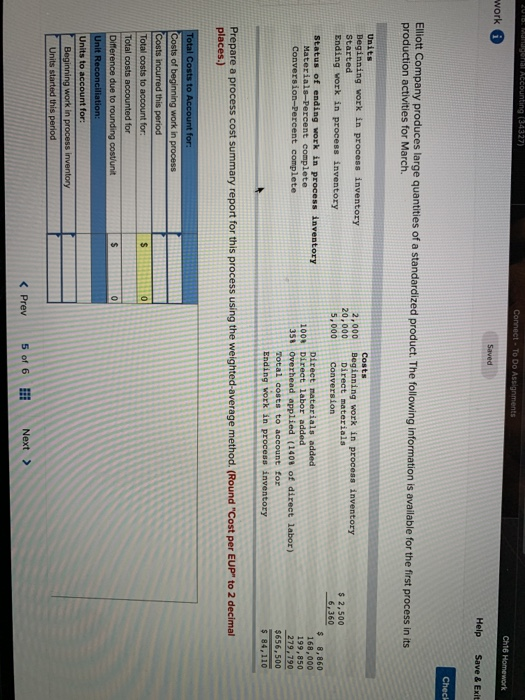 2016: Managerial Accounting (34327) Connect - To Do Assignments Ch16 Homework work 0 Saved Help Save & Exit Chech Elliott Com