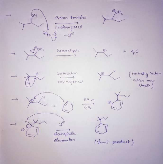 @O12 Proton bansfer muolving his OM neturiolyses + HO 1 Carbocation 1 ( tertiary canbo- cation more stable.) rearragentot &A