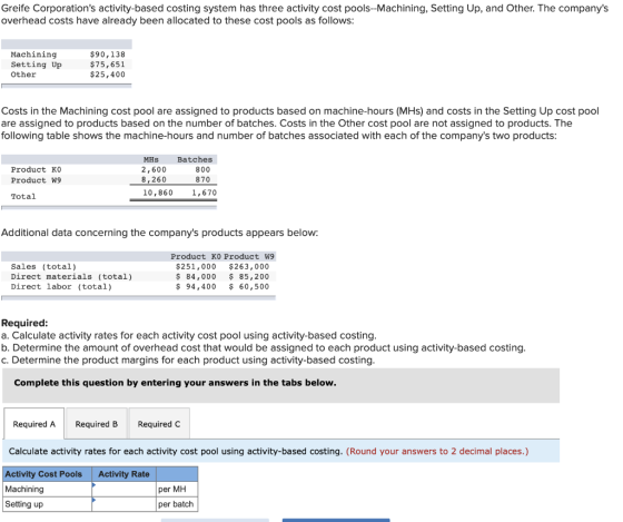 Greife Corporations activity-based costing system has three activity cost pools--Machining, Setting Up, and Other. The compa