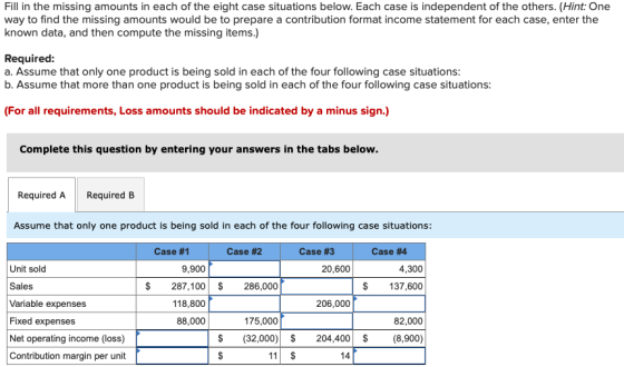 Fill in the missing amounts in each of the eight case situations below. Each case is independent of the others. (Hint: One wa