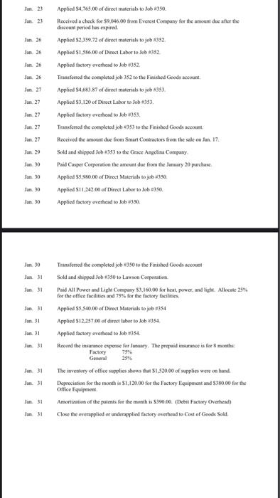 Jan. 23 Jan. 23 Jan. 26 Jan. 26 Jan 26 Jan. 26 Jan 27 Jan 27 Applied S4,768.00 of direct materials to Job 4350 Received a che