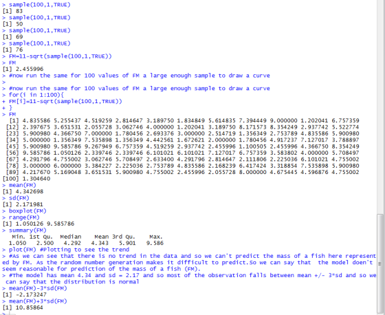 > sample (100,1, TRUE) [1] 83 > sample(100,1,TRUE) [1] 50 > sample(100,1,TRUE) [1] 69 > sample(100,1,TRUE) >FM-11-sqrt (sampl