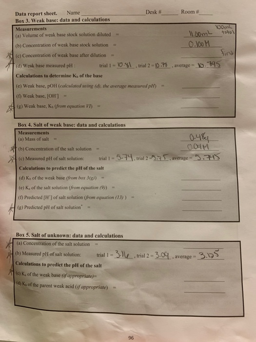 VOOL Data report sheet. Name Desk # Room # Box 3. Weak base: data and calculations Measurements (a) Volume of weak base stock