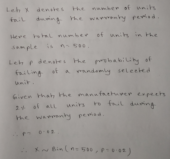 et x denores he number of unit fi dun the warynny perio d Heve HoHal number of unihs in he sam ple is 500 babiity of しİng, of a rando mly selected unir Given ha the manufachuve 2 of aul unis o fail duni pemod.