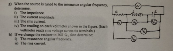 when the source is tuned to the resonance angular frequency, determine i) The impedance. ii) The current amplitude. iii) The