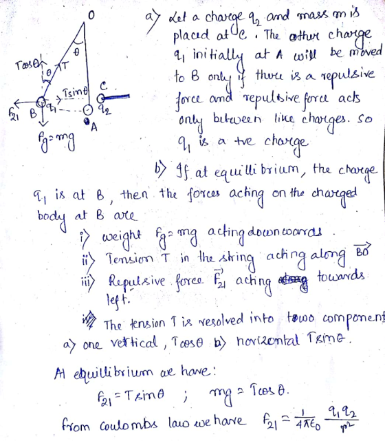 a> rlet a charge q2 and mass mlS placid atUe The othut ch to 8 ont thwu is a repulsive Tsini 2 2m b at eui li brium, the chae T i at 8, then the sorces acina on the charged bod at 8 ate ht fa ma acting down oondu ii〉 Tension T in -lhesk ing a ch ng along The tension T 1,8 Nesolved into t 100 com pore- ay one vertical, Tcese b hovizontal Tkme fiom Coulombs lauo hane f22