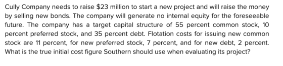 Cully Company needs to raise $23 million to start a new project and will raise the money by selling new bonds. The company wi
