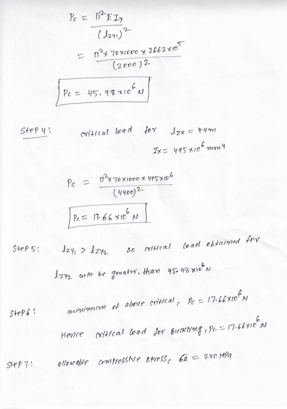 Pc = RELY 2 ( dz41) 2662x105 0?x 70x1000 x (2000) 2 Pc = 45.98 x 10 Stepy! critical load for 4.um dzx IX= 495x10mmy Pa Tx 70x