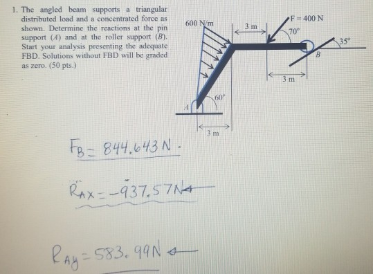 1. The angled beam supports a triangular distributed load and a concentrated force as shown. Determine the reactions at the p