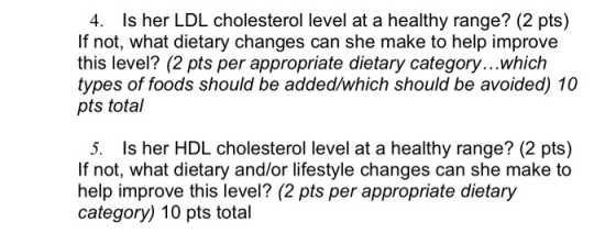 4. Is her LDL cholesterol level at a healthy range? (2 pts) If not, what dietary changes can she make to help improve this le