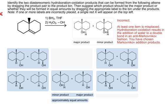Identify the two diastereomeric hydroboration-oxidation products that can be formed from the following alkene by dragging the