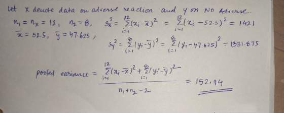 let x dende data on adverse readion and you No Adverse. n = nx = 12 n2 = 8 su 12 (x - 2)2 = (ai – 52.5) 2 = 1421 x = 52.5, y