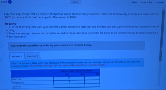Credit Saved Help Save & Exit Submit Espresso Express operates a number of espresso coffee stands in busy suburban malls. The