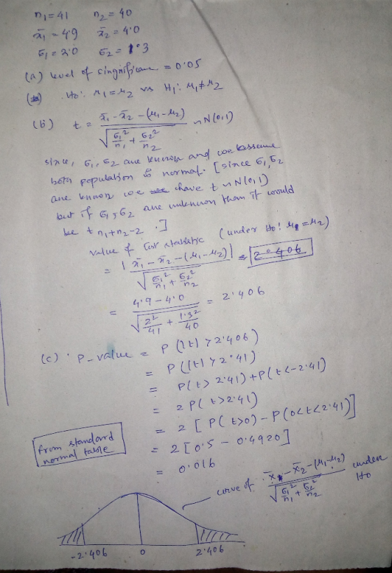 n = 41 12 = 40 2 - 49 = 4:0 612 30 62-13 (A) level of singrisian = 0.05 (#) Hon=42 vs HIM,+2 u. 22 - (-2) (011) (6) ta - 12