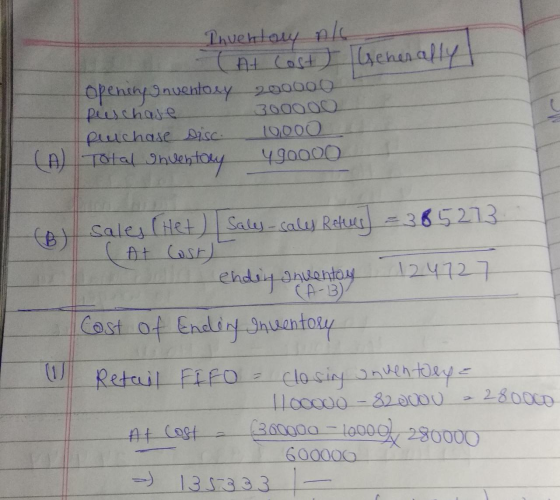 Inventory nk ( At Cost) Generally openiny Inuentosy_200000 peeschave 300000 pulchase Disc 10000 490000 (A) Total Inventory sa