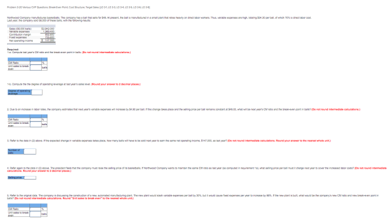 Problem 3-20 Various CVP Questions: Break-Even Point: Cost Structure: Target Sales [LO 3-1, LO 3-3, LO 3-4. LO 3-5. LO 3-6. L