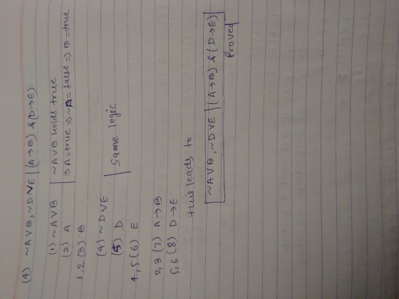 (4) NAVB, ND NE I ( AB) & (DE) (1) ~AVB I NAVO holds true - A = true wp= false = (2) A =true 123) (4) ~DIE (5) D I same logic