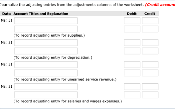 Journalize the adjusting entries from the adjustments columns of the worksheet. (Credit account Debit Credit Date Account Tit