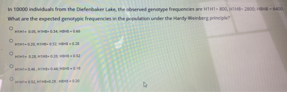 In 10000 individuals from the Diefenbaker Lake, the observed genotype frequencies are H1 H1-800, H1 H8-2800; H8H8 = 6400. Wha