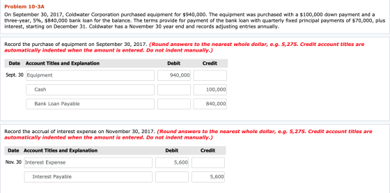 Problem 10-3A On September 30, 2017, Coldwater Corporation purchased equipment for $940,000. The equipment was purchased with