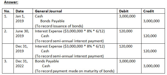 Answer: General Journal Debit Credit No. Date Cash 1. Jan 1, 3,000,000 Bonds Payable (To record issuance of bonds) Interest E