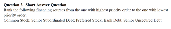 Question 2. Short Answer Question Rank the following financing sources from the one with highest priority order to the one with lowest priority order: Common Stock; Senior Subordinated Debt: Preferred Stock; Bank Debt; Senior Unsecured Debt