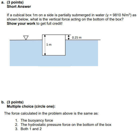 a. (3 points) Short Answer If a cubical box 1m on a side is partially submerged in water (y = 9810 N/mº) as shown below, what