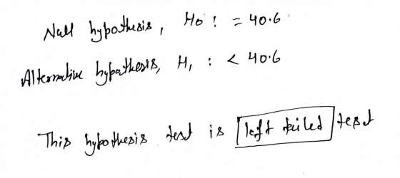 Ho! = 40.6 Nall hypothesis, Alternative hypothesis, H : < 40:6 This hypothesis test is left teiled /test