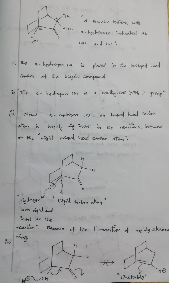 A Bicyclic ketone, with x- hydrogens indicated as las and (b). A ) is the x-hydrogen las is placed in the bridged head carbo