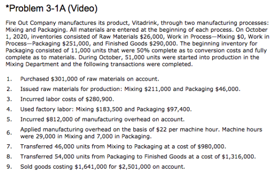 *Problem 3-1A (Video) Fire Out Company manufactures its product, Vitadrink, through two manufacturing processes: Mixing and P