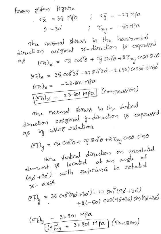from givers figure one = 35. Mpa ; rý = -27 Mpa 0 – 30 ; Yey = -50Mpa the nogmal stress in the horizontal direction original