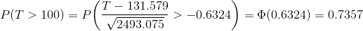 (T - 131.579 P(T > 100) = PO 2493.075 > -0.6324) = (0.6324) = 0.7357