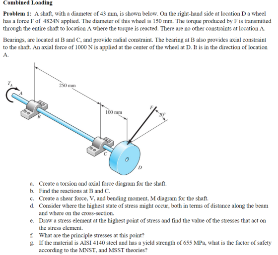 Combined Loading Problem 1: A shaft, with a diameter of 43 mm, is shown below. On the right-hand side at location D a wheel h
