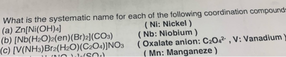 What is the systematic name for each of the following coordination compound (a) Zn[Ni(OH)4] ( Ni: Nickel) (b) [Nb(H2O)2(en)(B