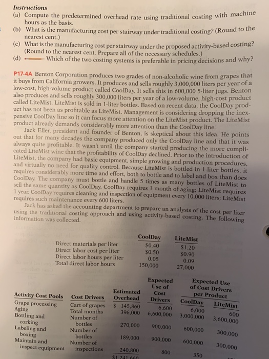 Instructions (a) Compute the predetermined overhead rate using traditional costing with hours as the basis. (b) What is the m