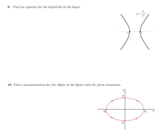 9. Find an equation for the hyperbola in the figure. 10. Find a parametrization for the ellipse in the figure with the given