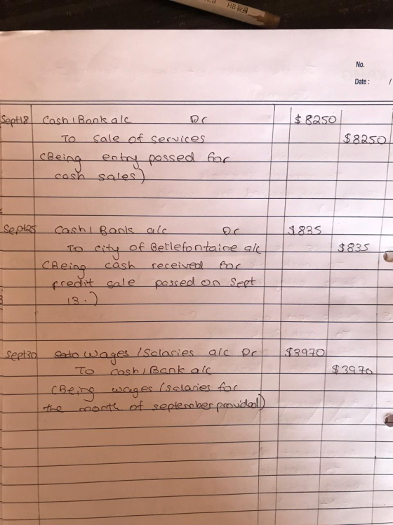 la HB24 No. Date : 1 Sept 18 $ 8250 $8250 Cash I Bank al or TO sale of services being entry possed for cash sales) 13835 $835