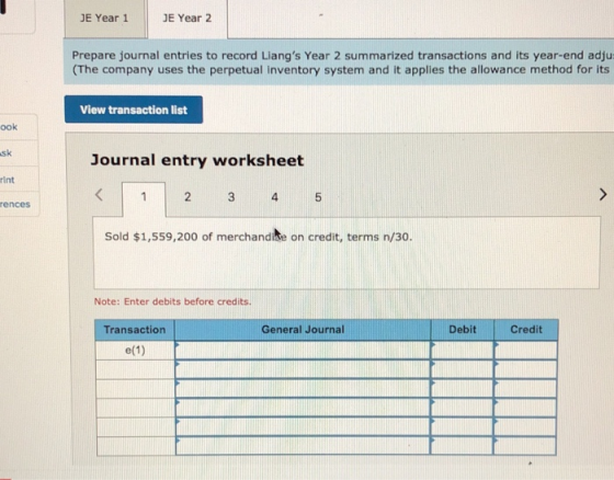 JE Year 1 JE Year 2 Prepare journal entries to record Liangs Year 2 summarized transactions and its year-end adjus (The comp