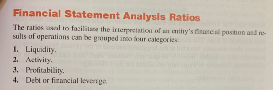 Financial Statement Analysis Ratios The ratios used to facilitate the interpretation of an entitys financial position and re
