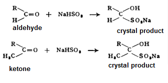 C=0 + NaHso, + R H aldehyde OH 50,Na crystal product ROH H, C SO,Na crystal product R C= + NaHSO, + H, ketone