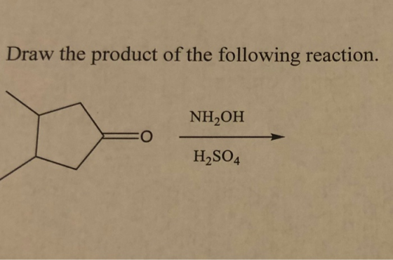 Draw the product of the following reaction. NH,OH H2SO4