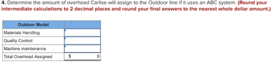 4. Determine the amount of overhead Carlise will assign to the Outdoor line if it uses an ABC system. (Round your intermediat