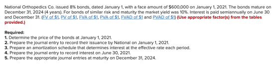 National Orthopedics Co. issued 8% bonds, dated January 1, with a face amount of $600,000 on January 1, 2021. The bonds matur